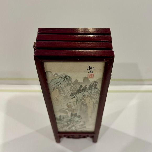 Chinese 4 Panel Screen Hand Painted Silk Lacquer Rose Wood - Signed, VTG, RARE - Picture 3 of 11